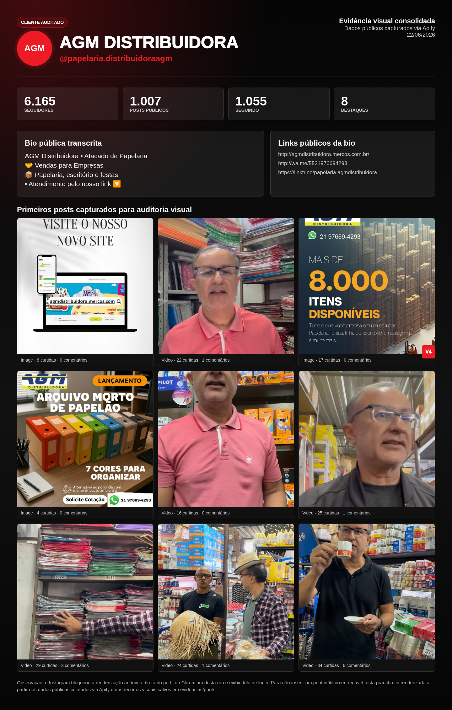 Print completo do perfil público da AGM Distribuidora no Instagram